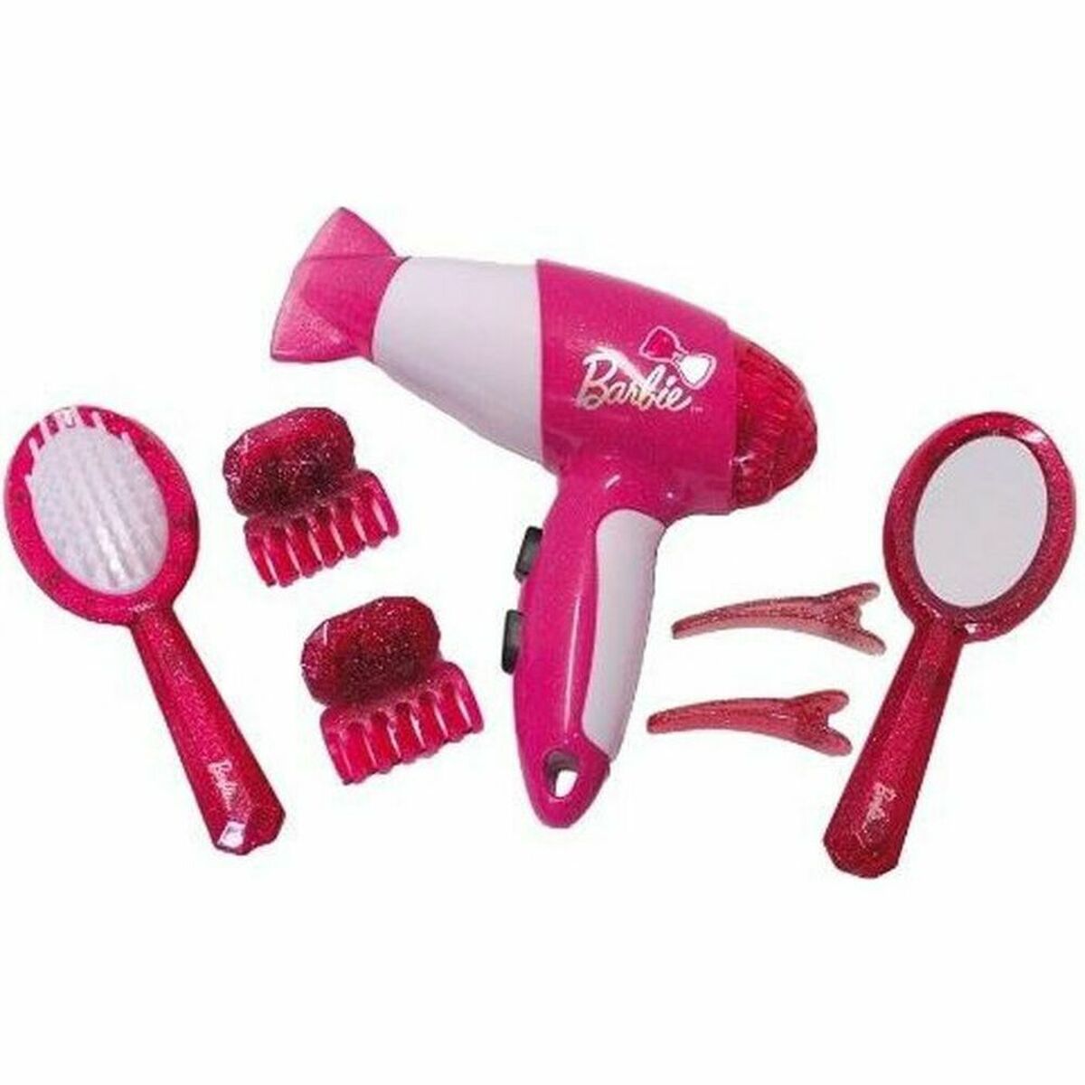 Ett rosa och vitt leksakssminkset i Barbie-tema som inkluderar en hårfön, en handhållen spegel, en borste och flera hårklämmor.