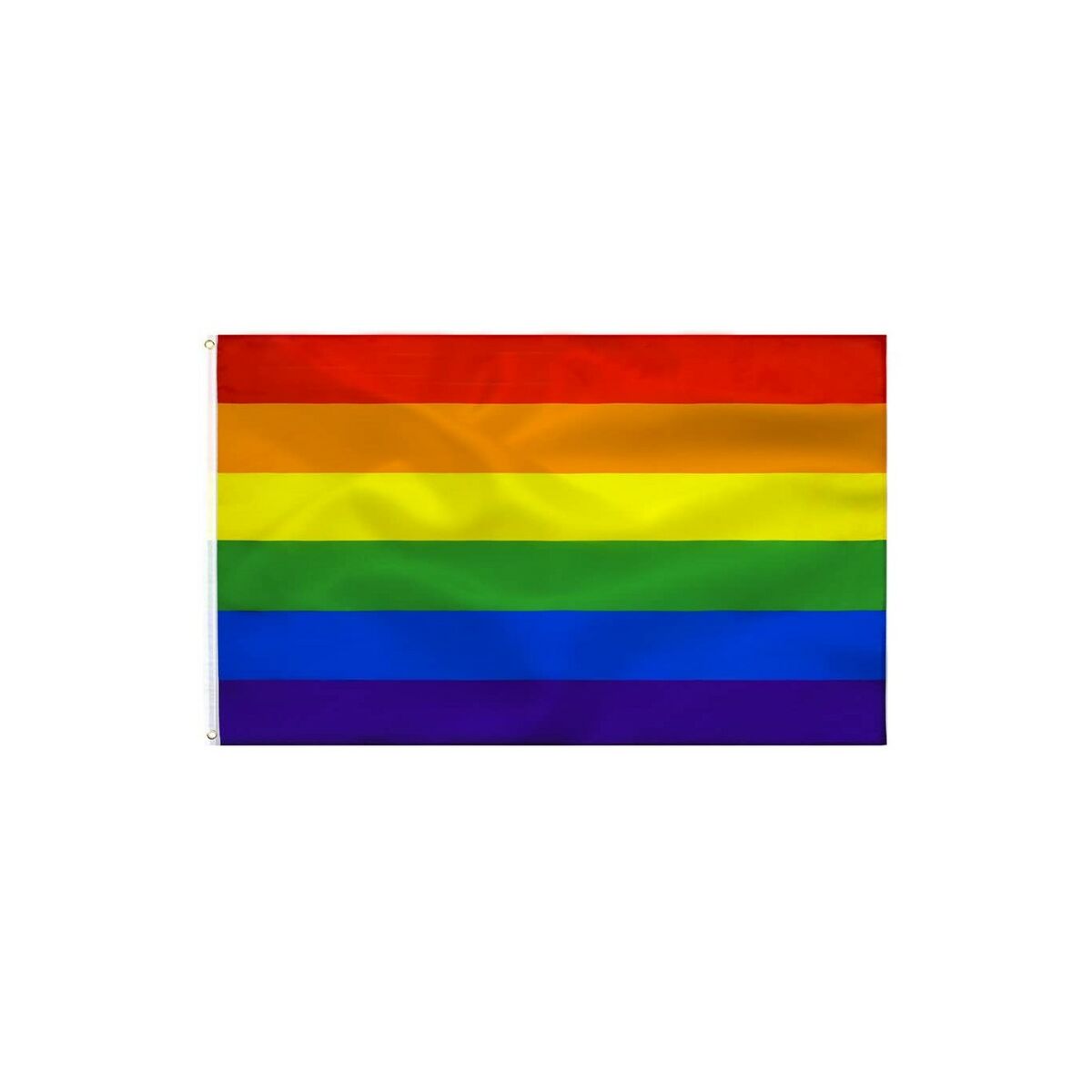 En stor regnbågsflagga med sex horisontella fält i färgerna röd, orange, gul, grön, blå och lila, som vajar lätt.