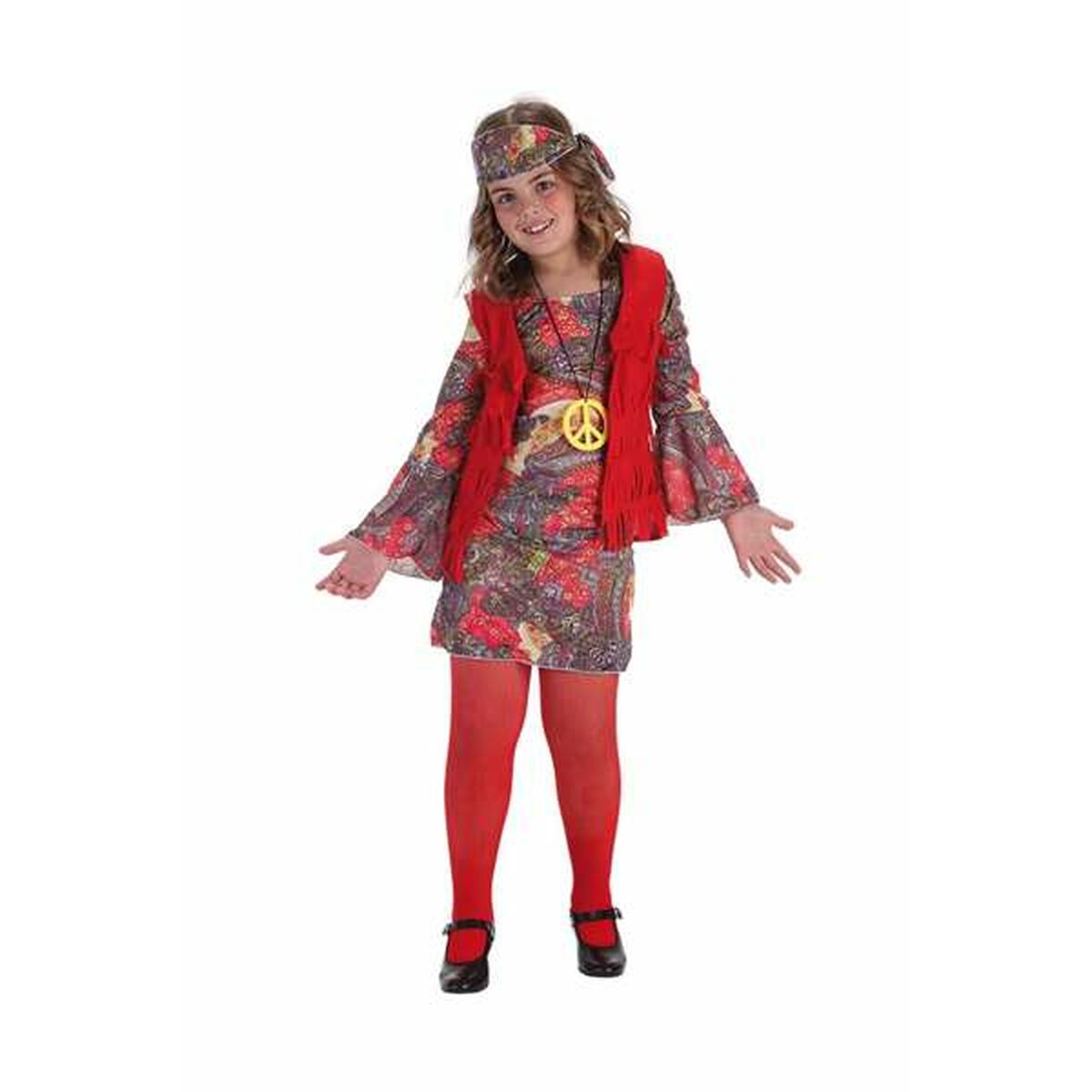 Ett glatt barn i en färgglad Ye-ye maskeraddräkt med långärmad mönstrad jumpsuit, röd väst med fransar och ett peace-halsband.