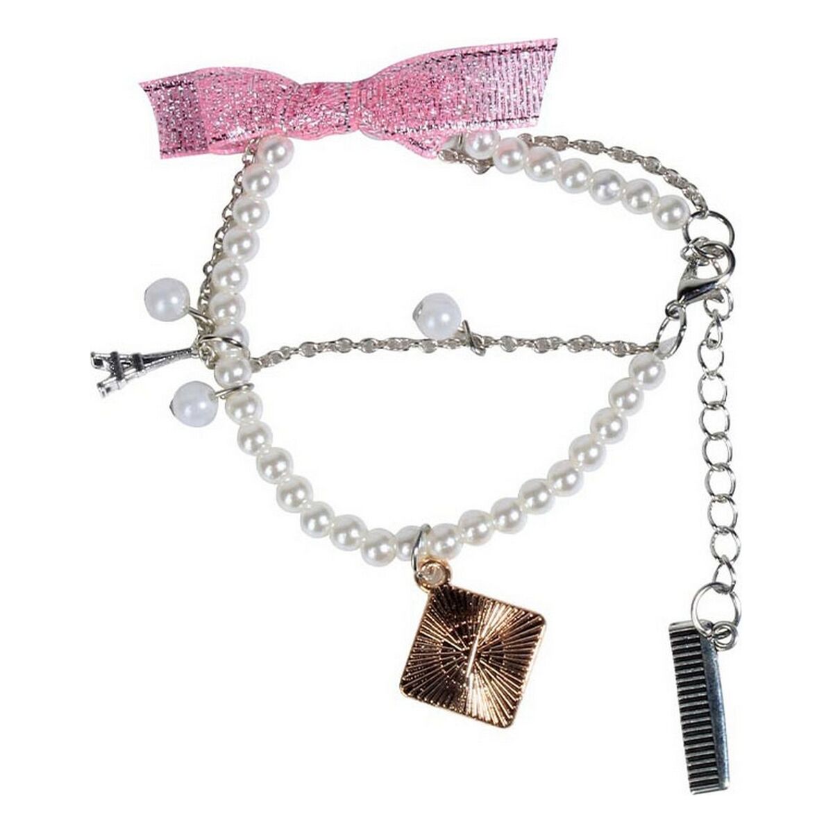 Ett vackert, lager-på-lager pärlarmband med vita imitationspärlor, silverkedjor, ett rosa glittrigt band i en rosett, och hängen föreställande Eiffeltornet, en fyrkantig spegel och en liten kam.