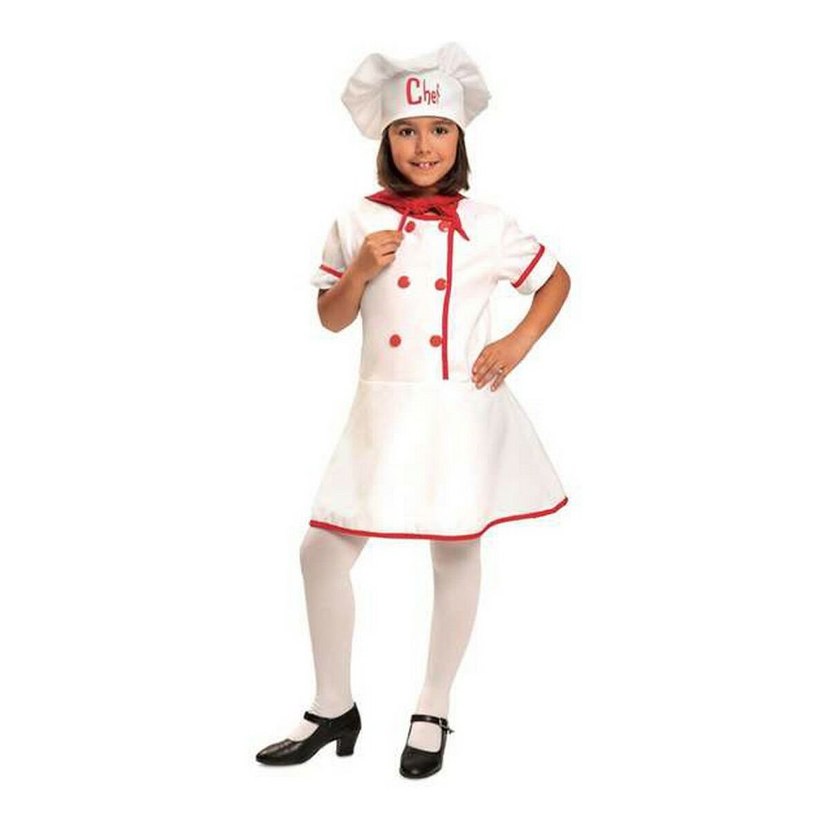 Ett barn klätt i en vit kokerskedräkt med röd kant och en röd scarf, samt en koksmössa med texten "Chef".
