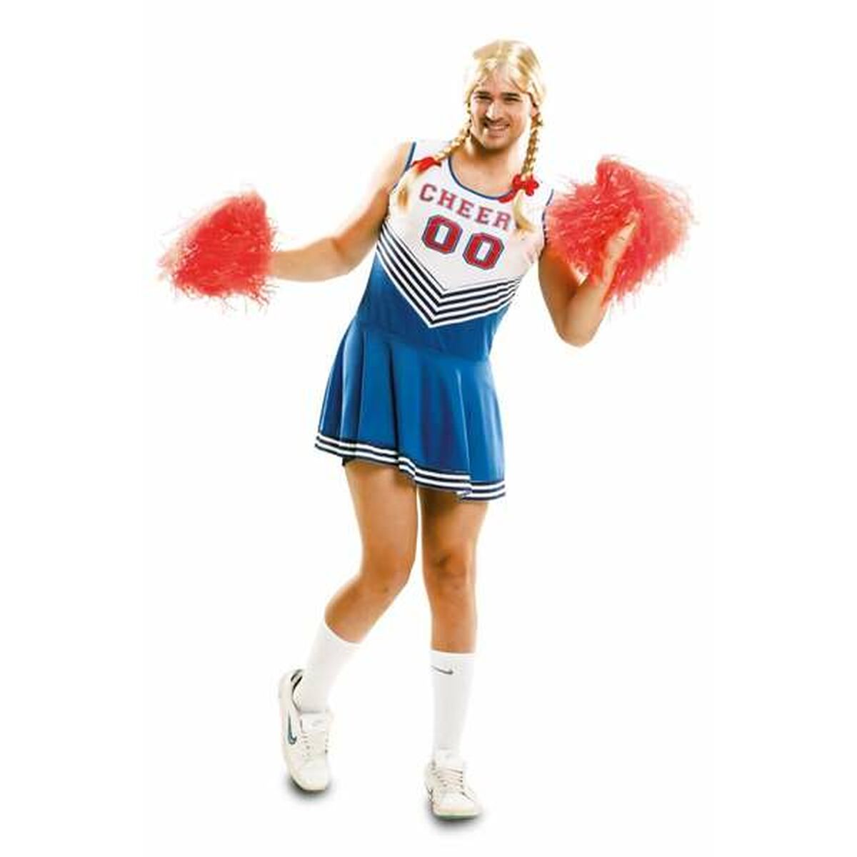 En person i en blå och vit cheerleaderklänning med röda pom-poms och blonda flätor.