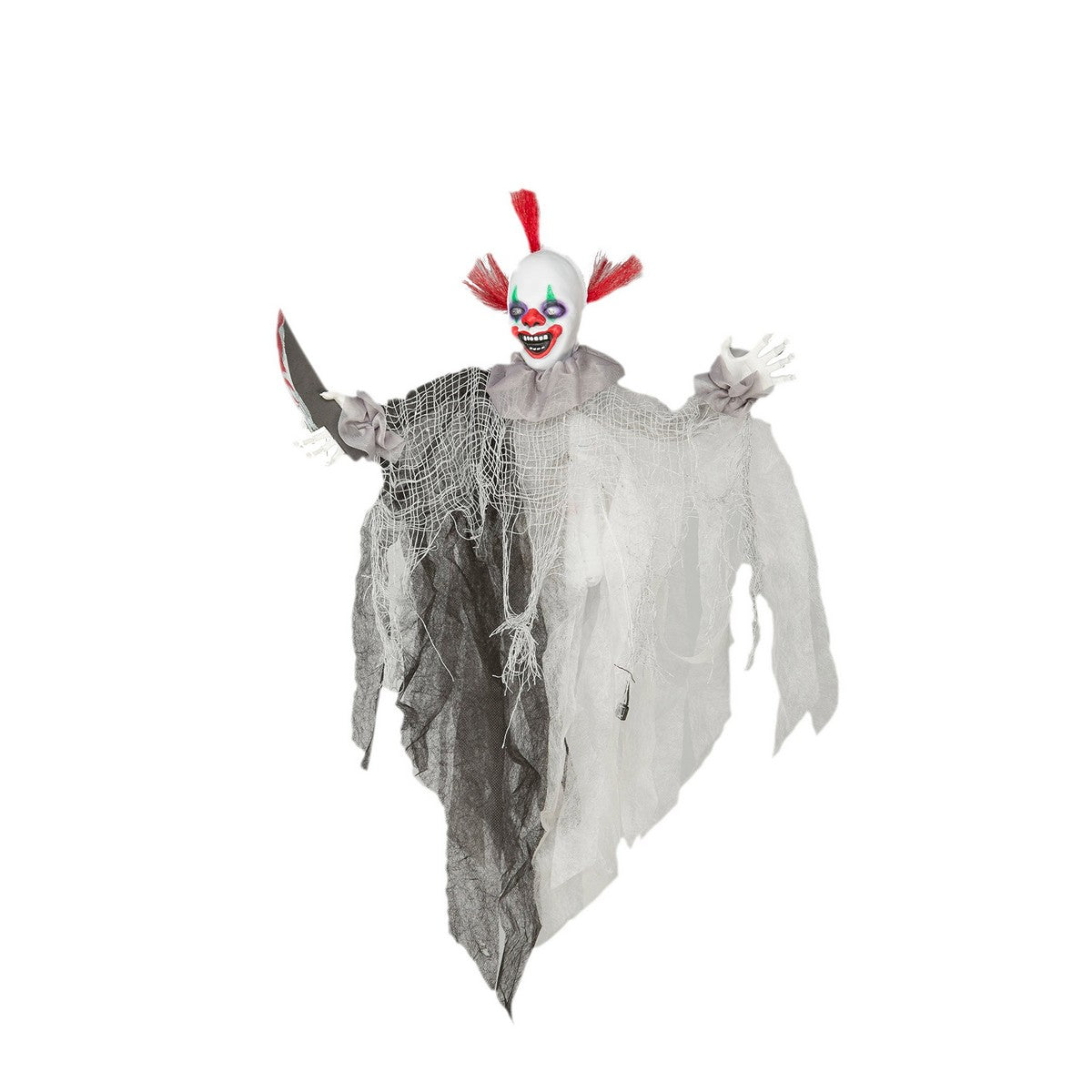 En hängande halloween-dekoration föreställande en vit clown med rött hår, skräcksminkning och en kniv i ena handen, klädd i sönderrivna svartvita tygstycken.
