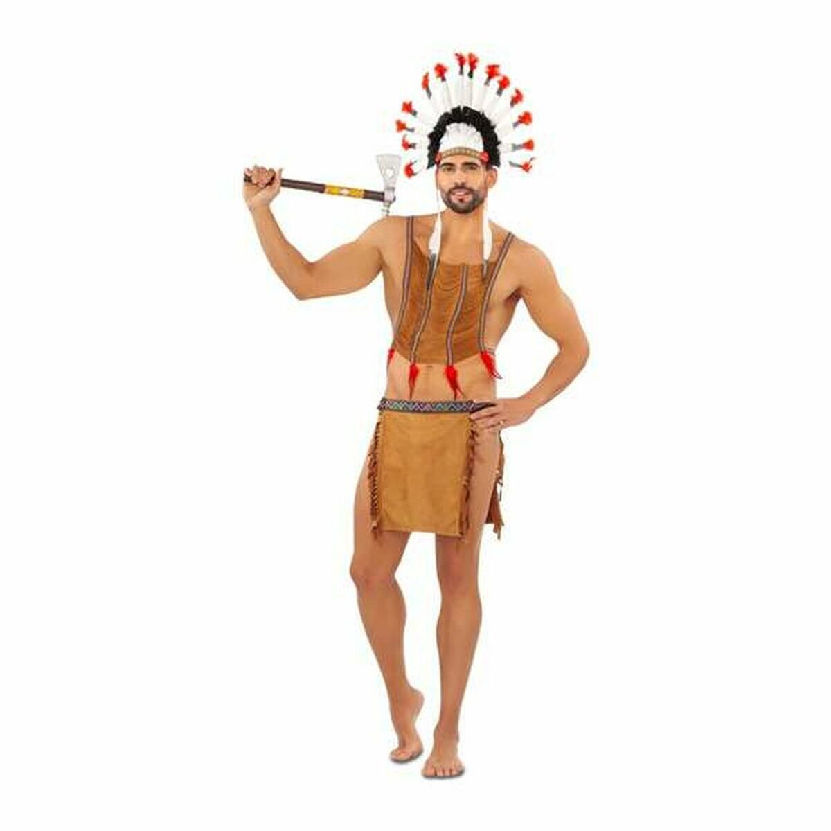 Man klädd i en amerikansk indian krigare maskeraddräkt för vuxna, komplett med huvudbonad och yxa.