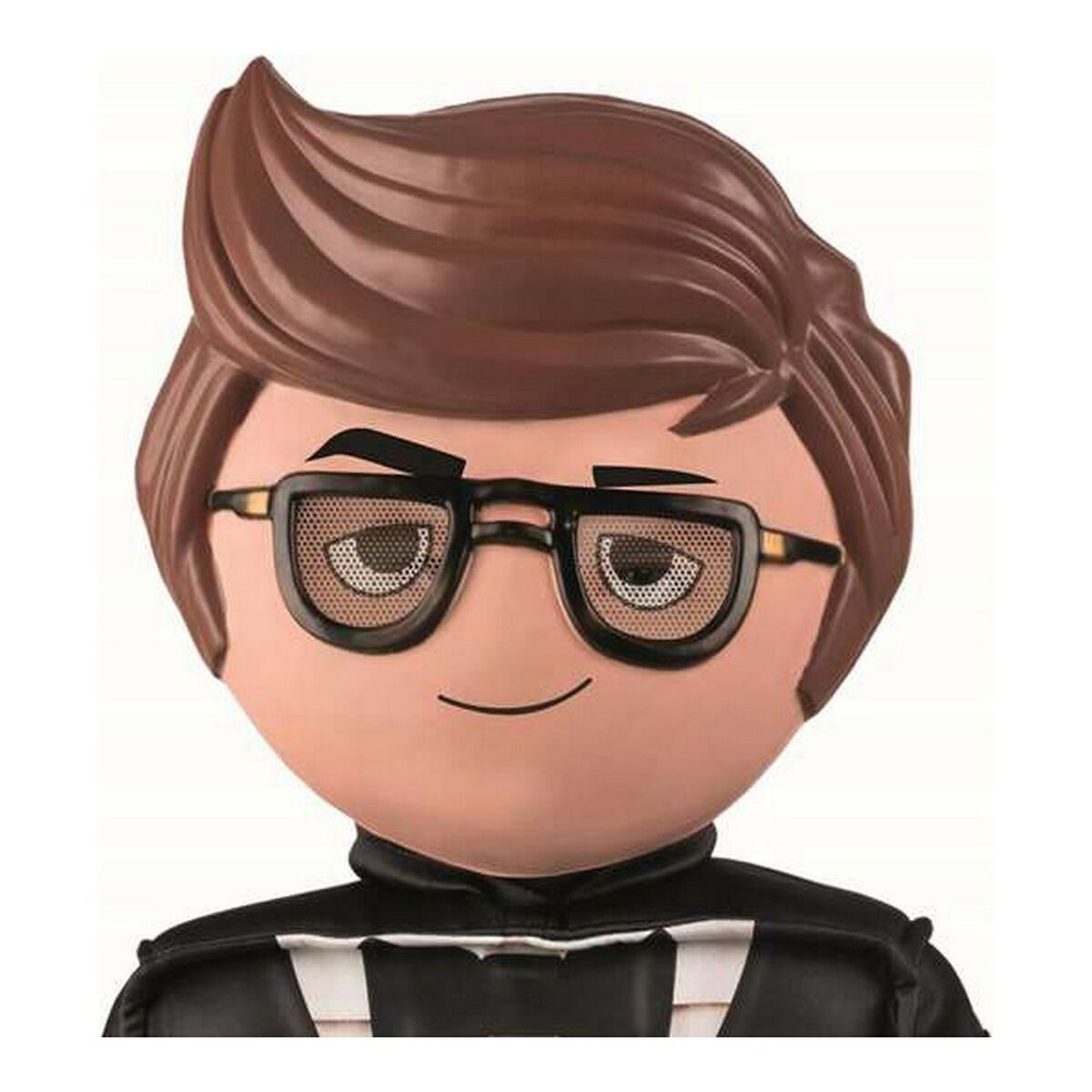 Närbild på en stor, plastliknande mask föreställande ett Playmobil-huvud med brunt hår och svarta glasögon med nätmönster i ögonhålen.
