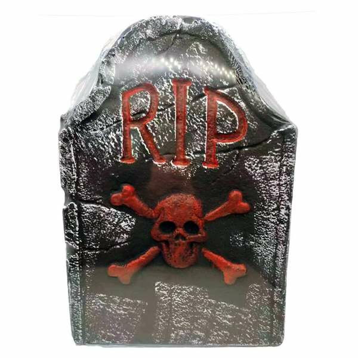 En gravsten i svart och grått med röd text "RIP" och en röd dödskalle med korslagda ben.