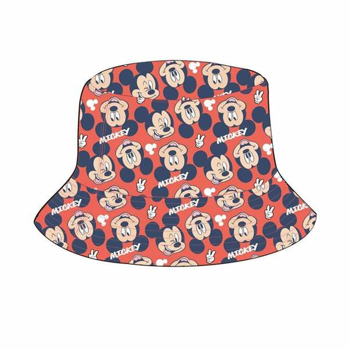 En röd bucket hat (hinkhatt) täckt med ett repeterande mönster av Musse Pigg i olika poser och texten "MICKEY" på en mörkblå bakgrund.