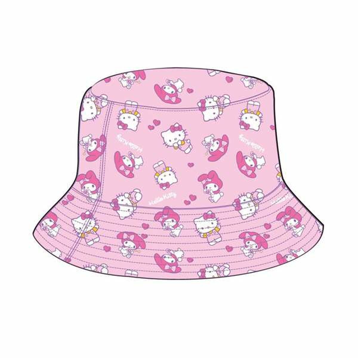En rosa hinkhatt dekorerad med ett mönster av Hello Kitty och hennes vänner.