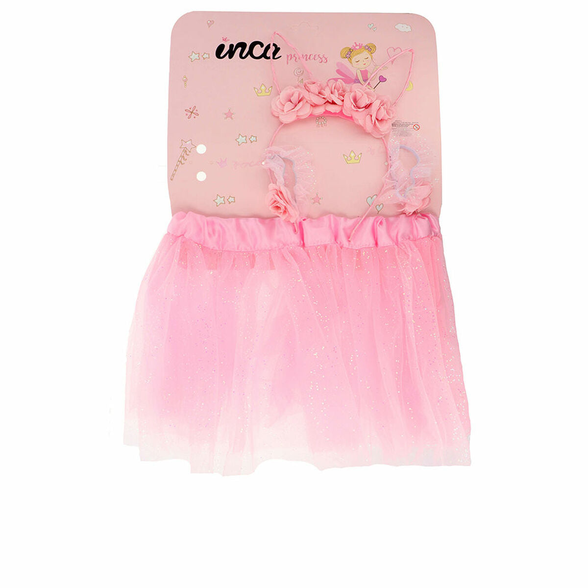 En rosa fe-maskeraddräkt för barn som består av en tyllkjol med glitter och ett diadem dekorerat med rosa blommor, förpackad på en rosa kartong.