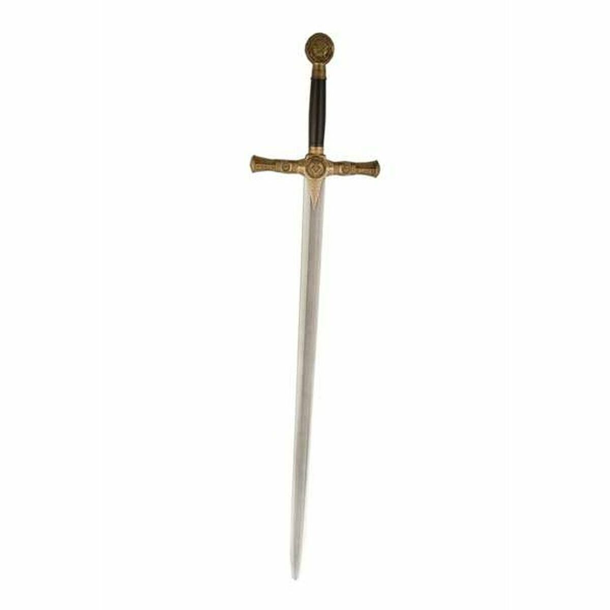 Ett stort och ståtligt, men säkert, leksaksriddarsvärd i foam, med en lång silverfärgad klinga och ett elegant, detaljerat fäste i guld och svart.