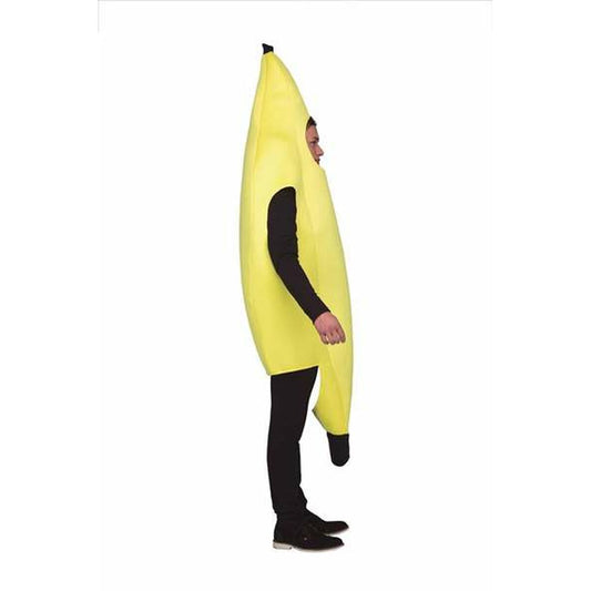 Sidovy av en banankostym som visar det böjda bananskalets passform och den karaktäristiska svarta toppen.