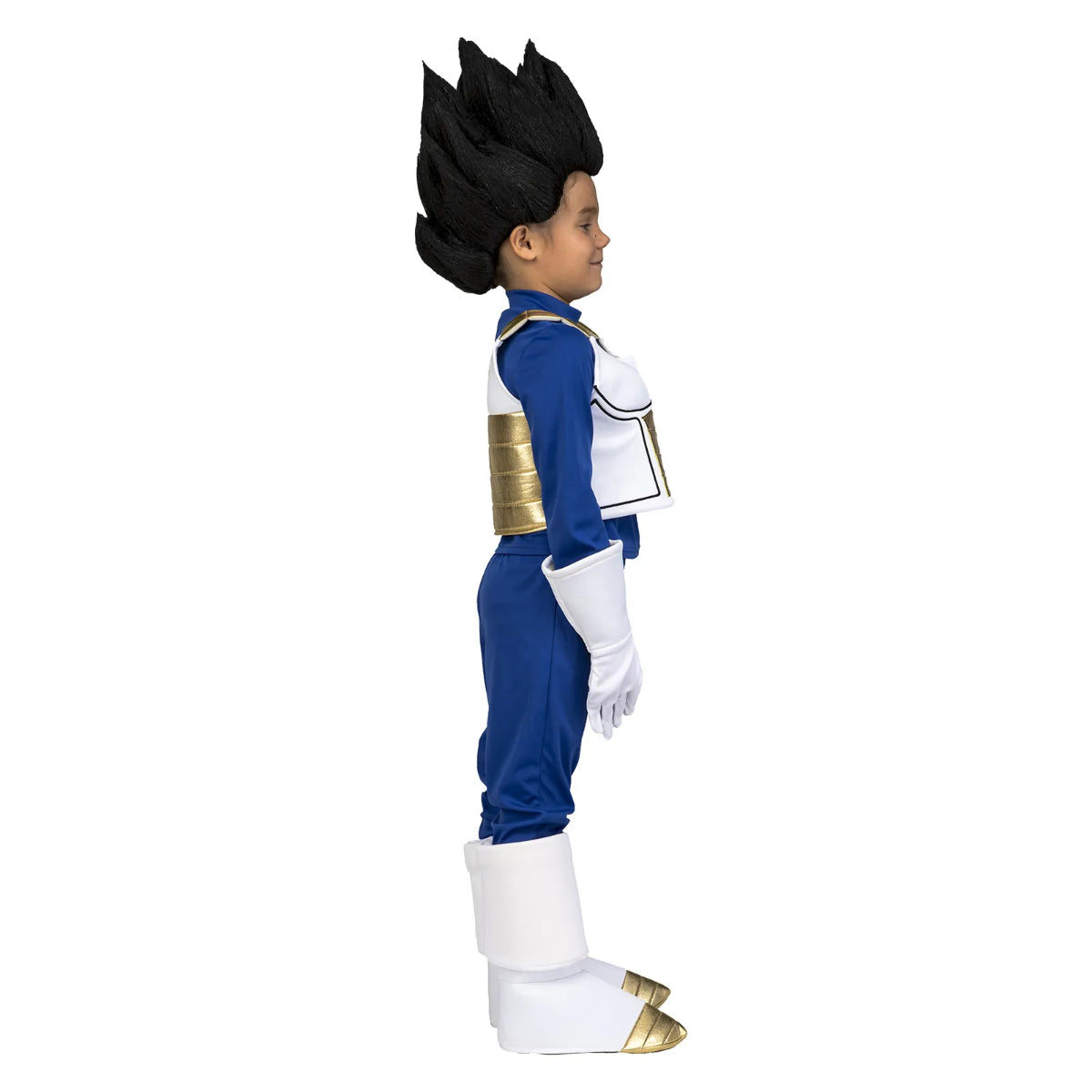 Profilvy av barn i blå och vit Vegeta-dräkt med gulddetaljer.