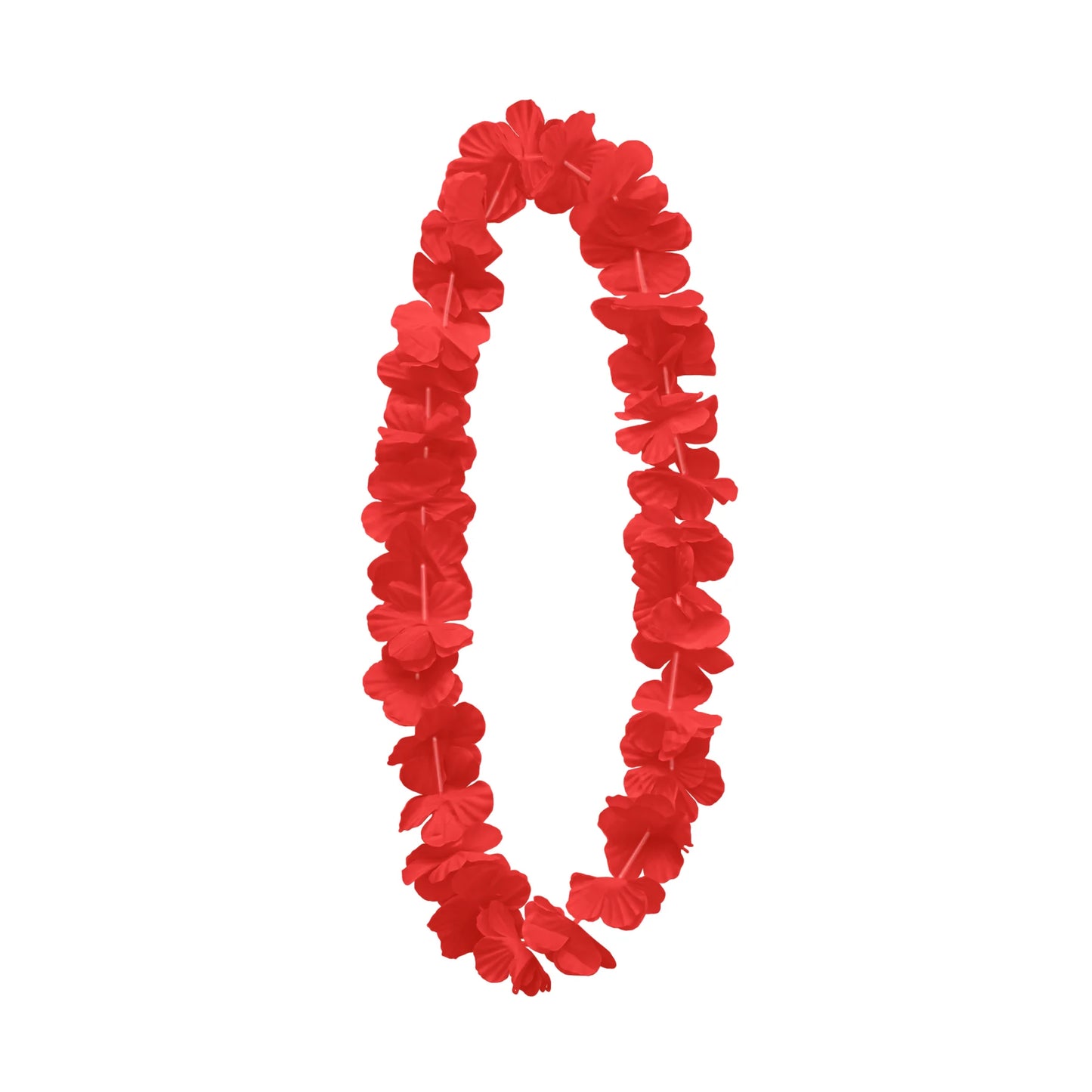 En röd hawaiikrans med klassiska tygblommor hänger i oval form mot vit bakgrund och visar sin starka tropiska färg.
