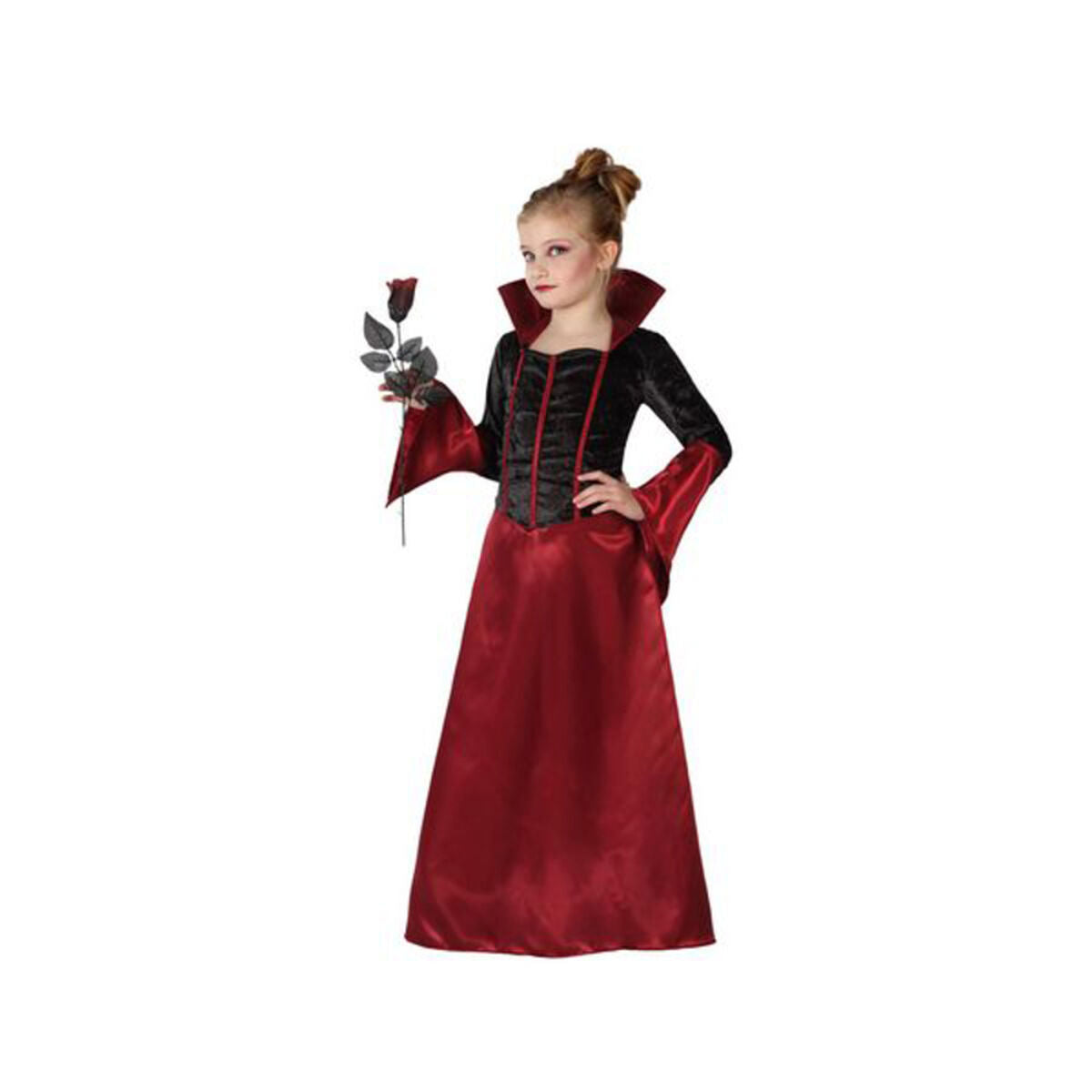 En flicka poserar i en komplett, Elegant Vampyrprinsessa Barndräkt med en röd och svart klänning och en hög krage.