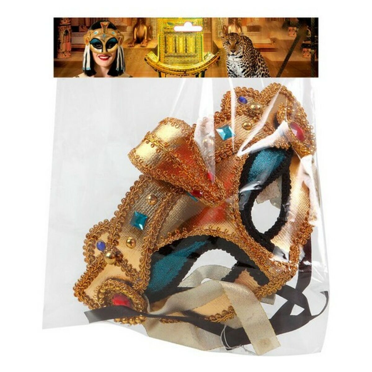 En detaljerad, guldfärgad egyptisk ögonmask i sin originalförpackning.