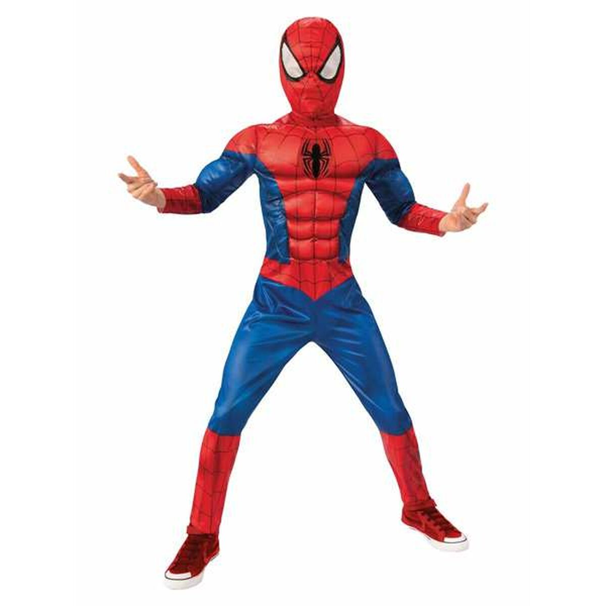 En pojke poserar i en komplett Klassisk Spiderman Muskeldress för Barn i storlek 8-10 år, med en röd och blå jumpsuit och en heltäckande mask.