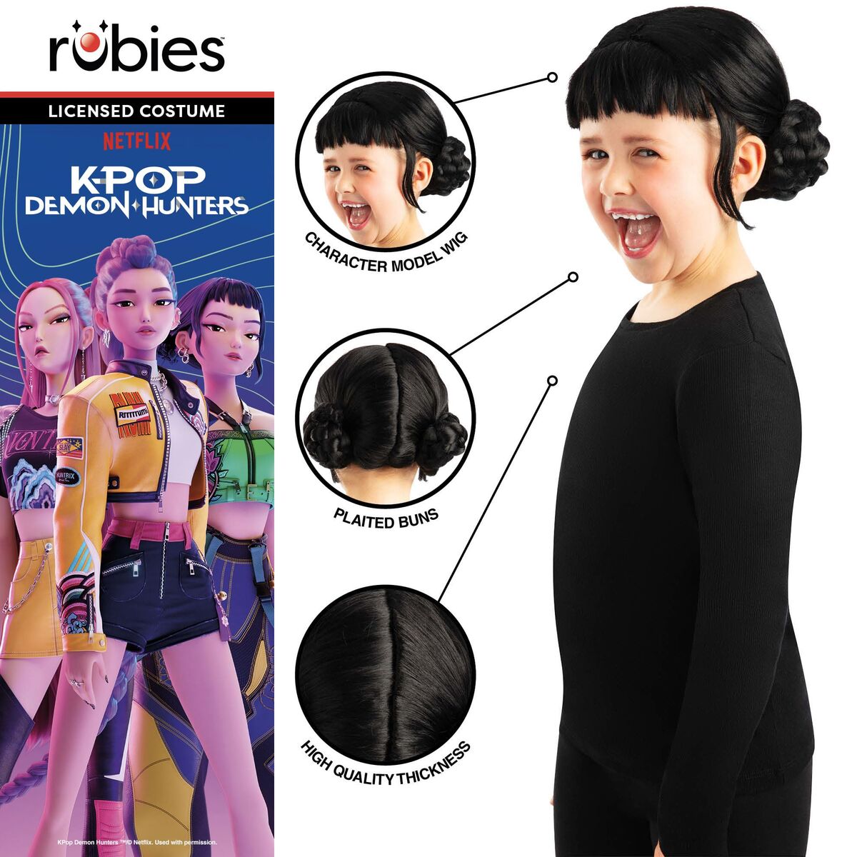 Officiell licensierad förpackningsbild för K-Pop Demon Hunters Zoey peruk för barn med Netflix-logotyp och karaktärsmotiv.