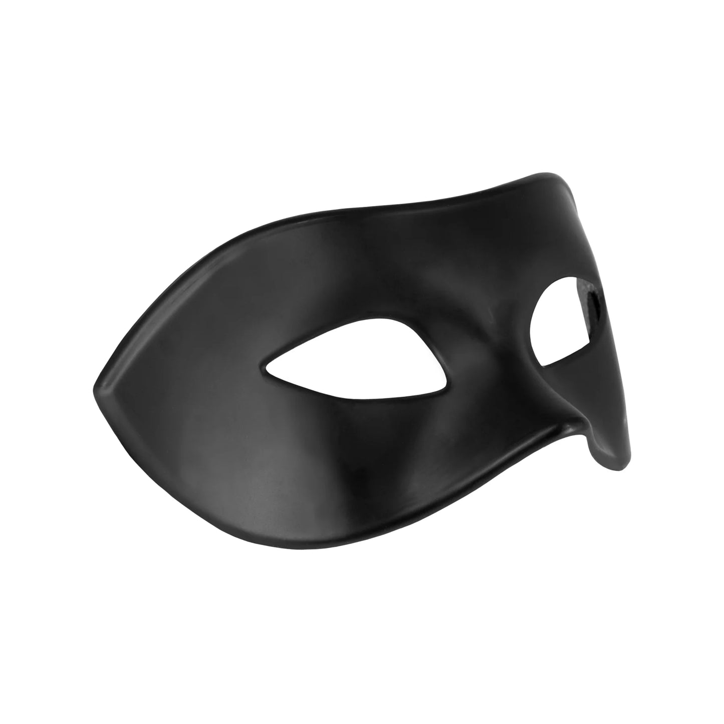 En matt svart carnival ögonmask med formad näsdel och mjukt rundad design visas snett mot vit bakgrund.