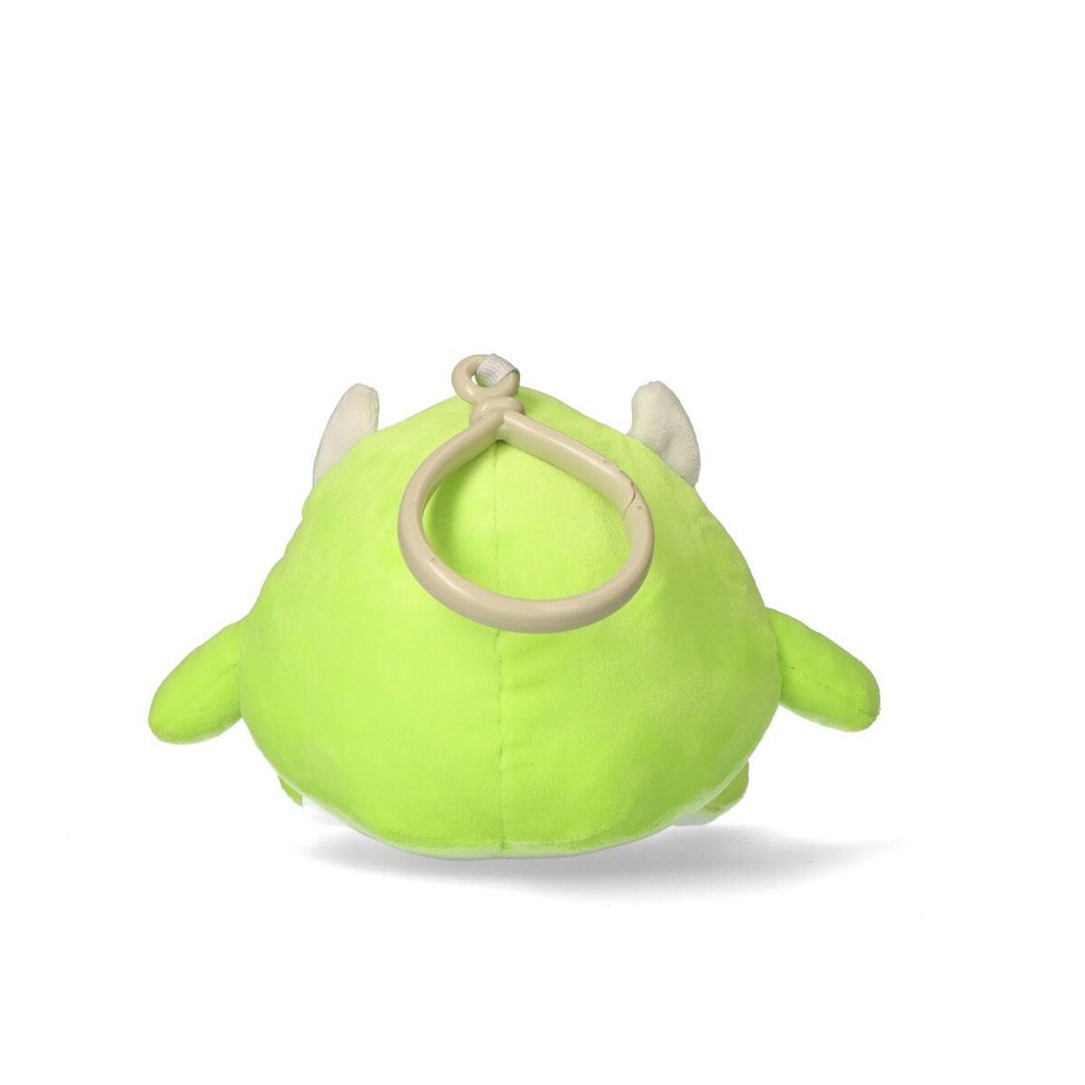 Baksidan av ett limegrönt Mike Wazowski mjukisdjur som visar den vita fästringen i plast på toppen.