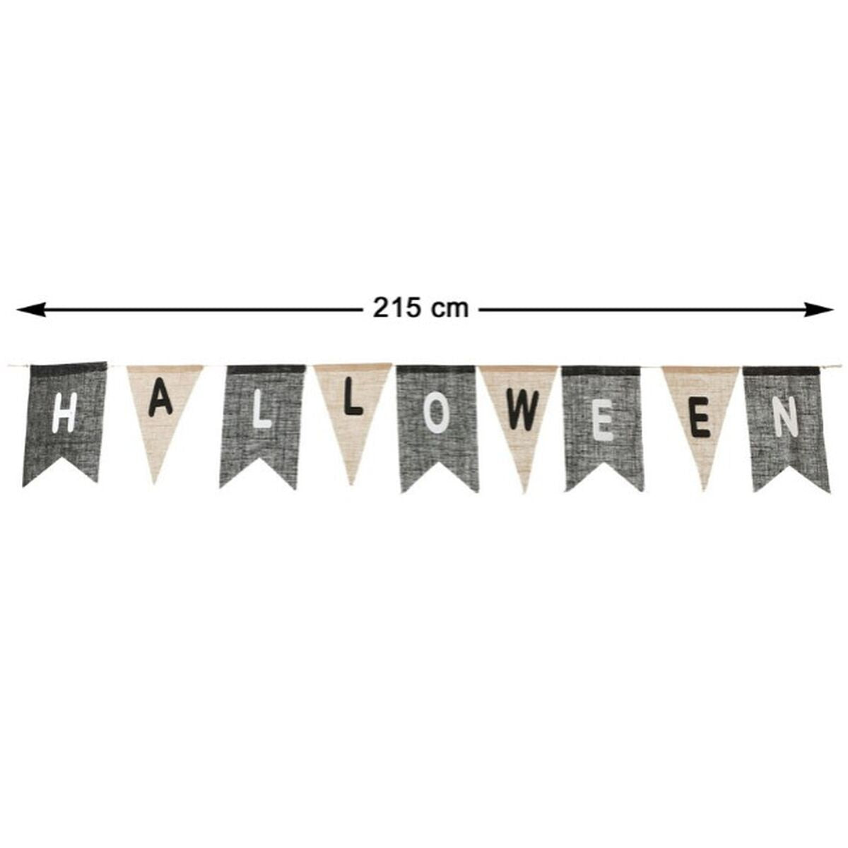 En lång, Rustik Halloween-Girlang med svart-vita vimplar som stavar ut "HALLOWEEN".