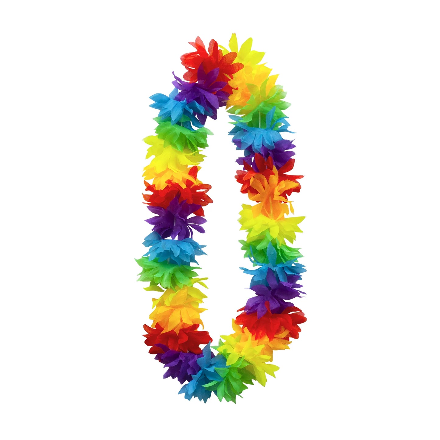 En tropisk flerfärgad hawaiikrans med fylliga tygblommor i rött, gult, grönt, blått och lila mot vit bakgrund.