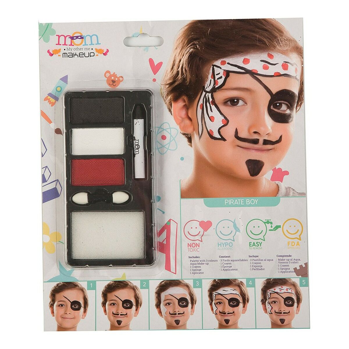En förpackning med ett barnsmink-set för pirater, som visar en leende pojke med en komplett pirat-ansiktsmålning med bandana, ögonlapp och mustasch.
