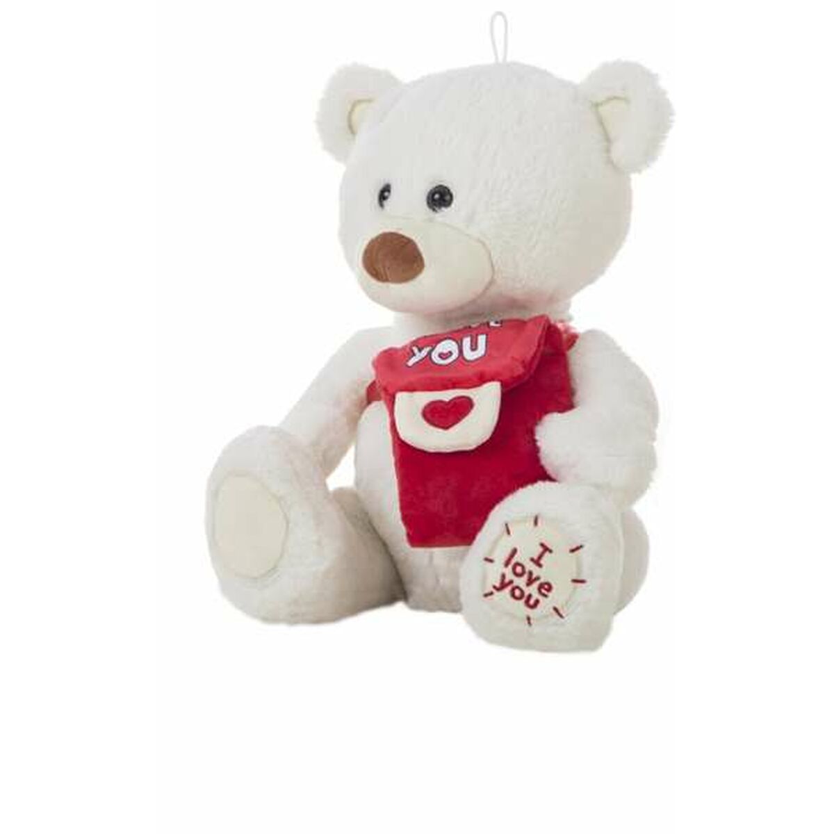 En sittande vit mjukisbjörn som håller i en röd axelremsväska med ett hjärta och har texten I love you broderat på ena fotsulan.