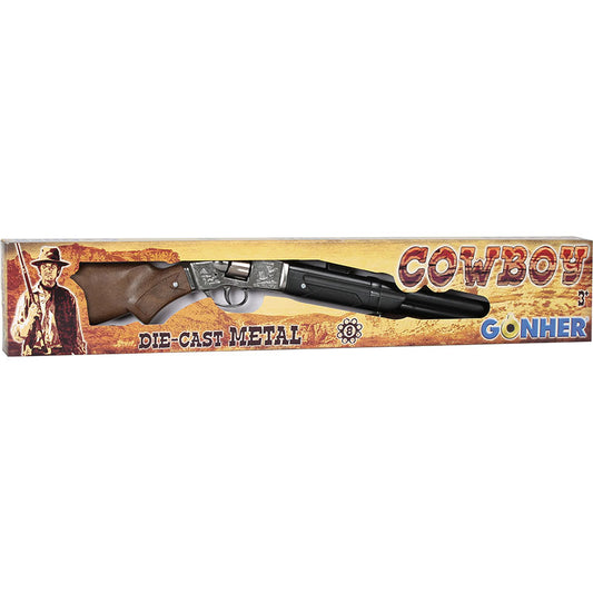Ett westerngevär i metall och plast med kikarsikte, synligt i sin förpackning med "Cowboy" tema och åldersrekommendation 3+.
