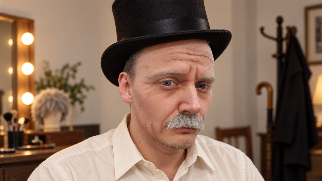 Man utklädd till gammal gubbe med sminkade rynkor, grå mustasch, svart hög hatt och ljus skjorta.