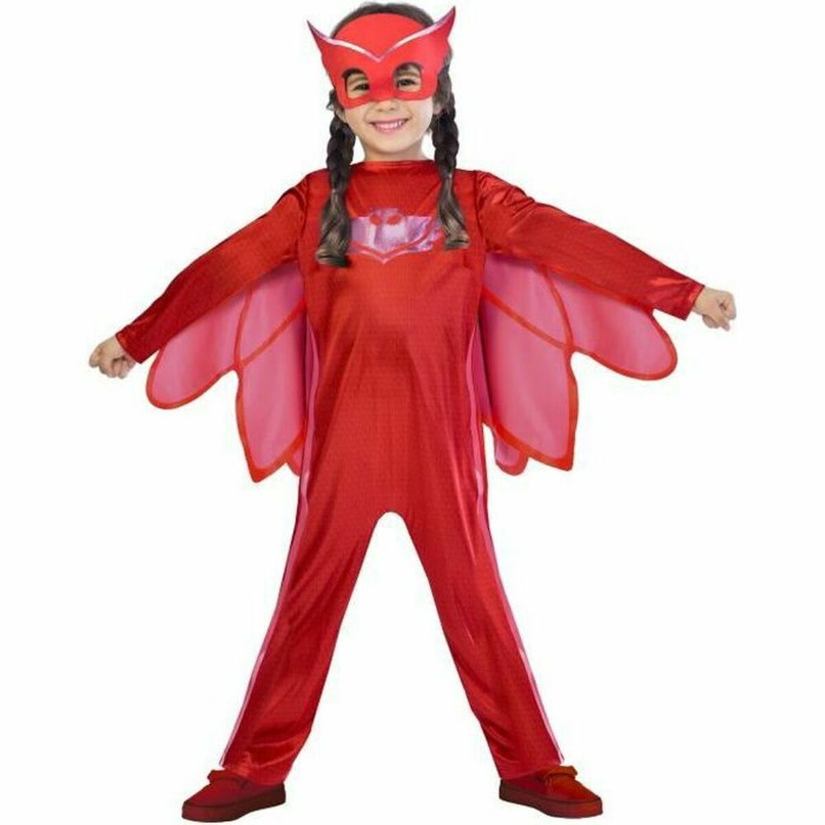 Ett leende barn klätt i en helkropps röd Owlette maskeraddräkt med vingar och en röd ögonmask.