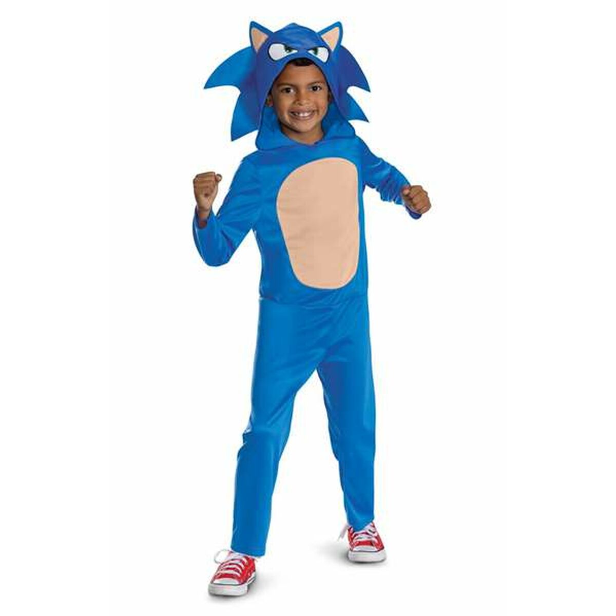 Ett glatt barn i en helblå maskeraddräkt som föreställer Sonic the Hedgehog, komplett med en huva som har Sonics karaktäristiska taggar och öron.
