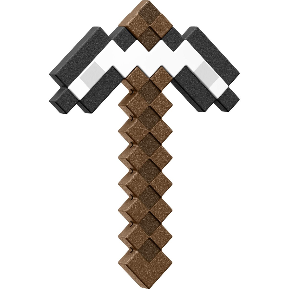 En leksakshacka i pixelstil, liknande den från spelet Minecraft, med brunt handtag och svart-vit-svart huvud.