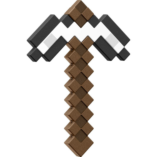 En leksakshacka i pixelstil, liknande den från spelet Minecraft, med brunt handtag och svart-vit-svart huvud.