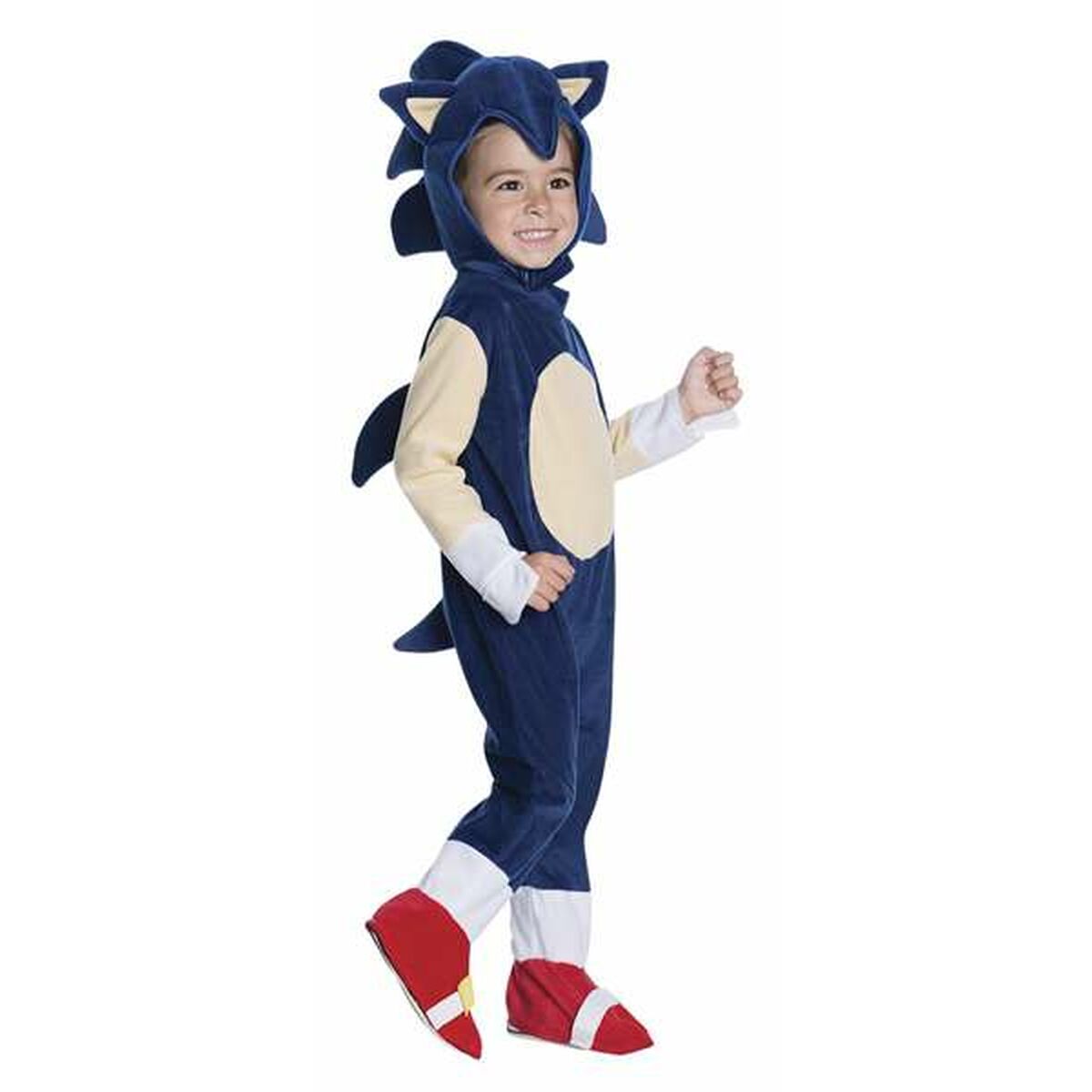 Ett litet barn iklädd en blå Sonic the Hedgehog-dräkt med huva och gula detaljer.