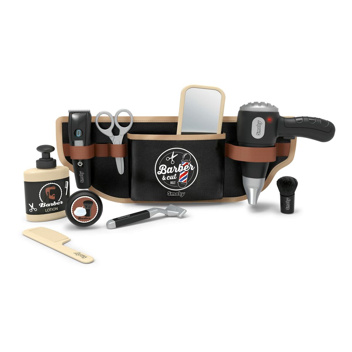 Ett svart och brunt leksaksbälte för barberare fyllt med svarta och beigea tillbehör som en sax, kam, rakhyvel, lotionflaska, spegel och en batteridriven hårfön.