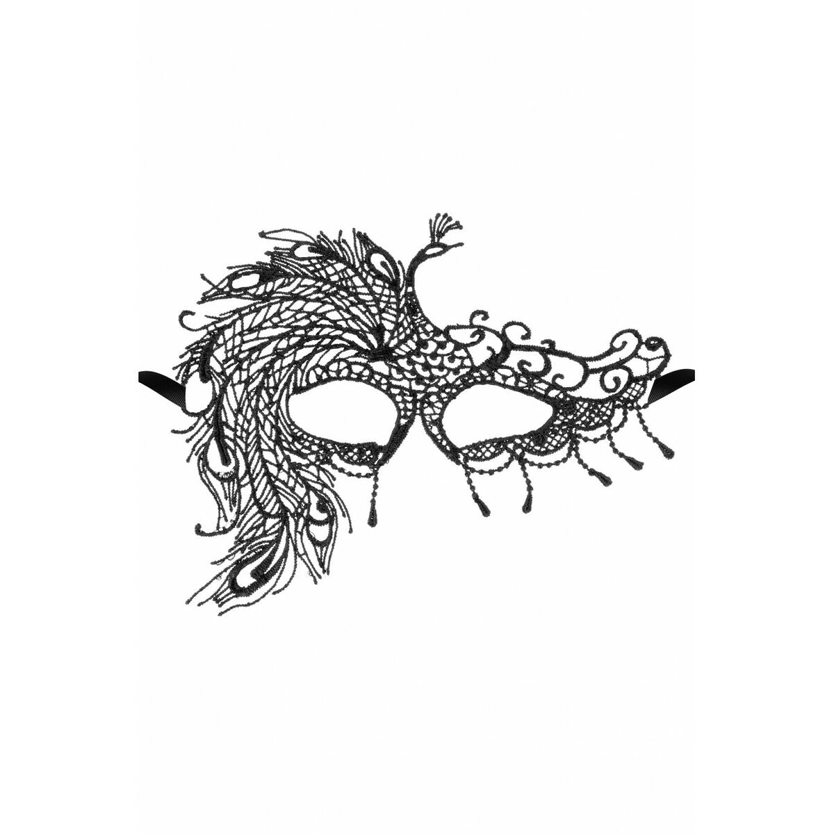 En elegant svart maskeradmask i spetsliknande material med ett dekorativt fjädermönster och hängande detaljer.