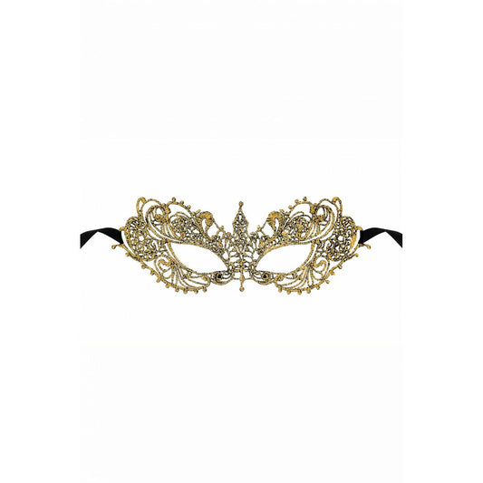 En detaljrik och elegant ögonmask i guld med ett spetsliknande mönster och svarta knytband.