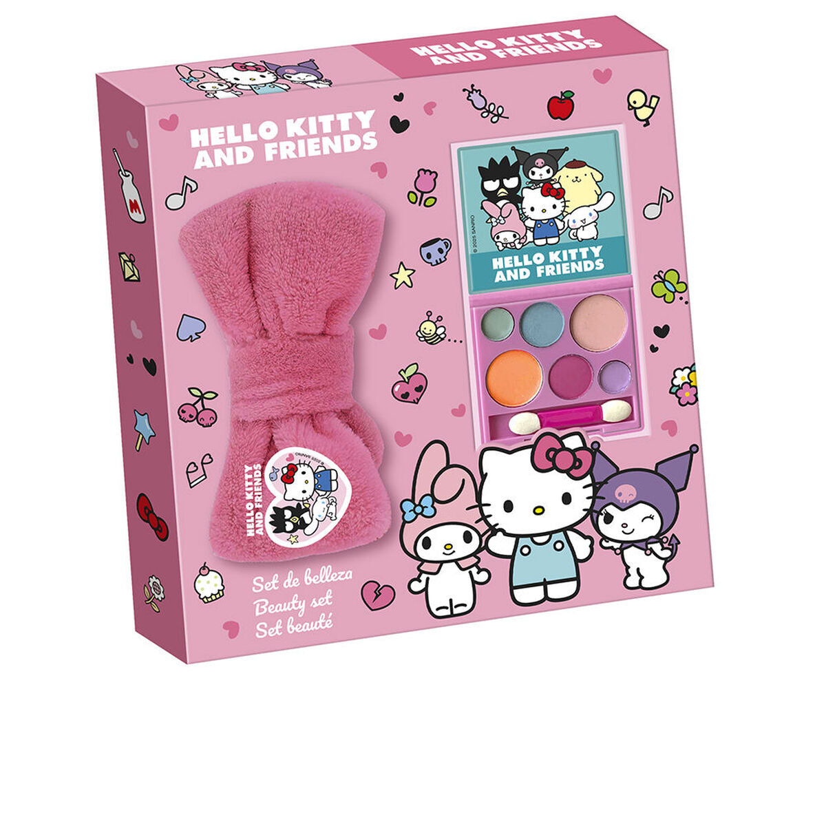 Ett rosa sminkset för barn med Hello Kitty-tema som innehåller en rosa turban och en sminkpalett med ögonskuggor och rouge.