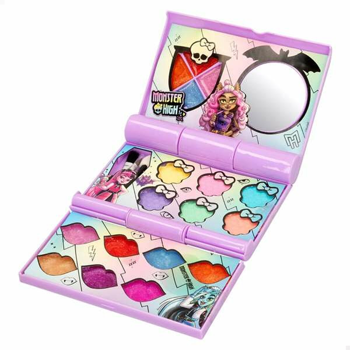 Ett öppet lila sminkset från Monster High som visar flera färgglada ögonskuggor och läppglans, komplett med en liten figur och en spegel i locket.