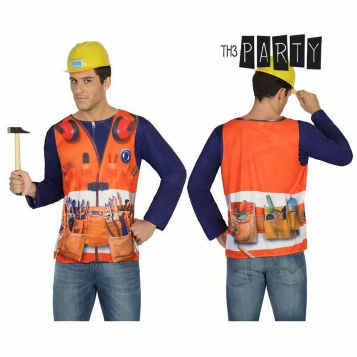 En man visar fram- och baksidan av en orange T-shirt med tryck av en byggnadsarbetarväst, komplett med verktygsbälte och hörselskydd.