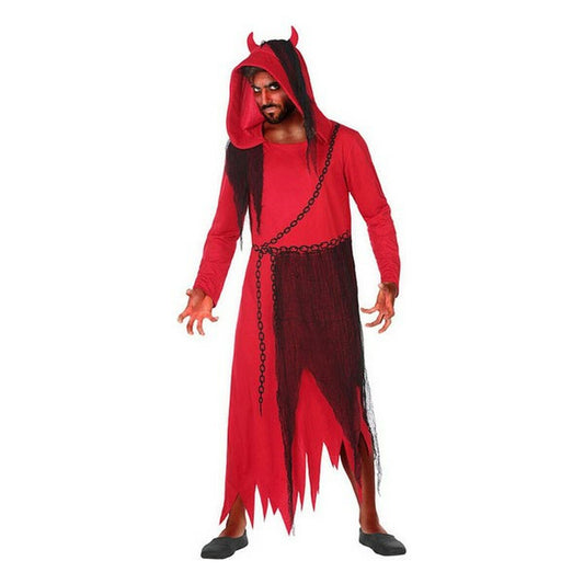 En man klädd i en röd, långärmad demonmaskeraddräkt med huva, horn, en kedja i midjan och en sliten, svart tyll- eller tygdel vid nederkanten.