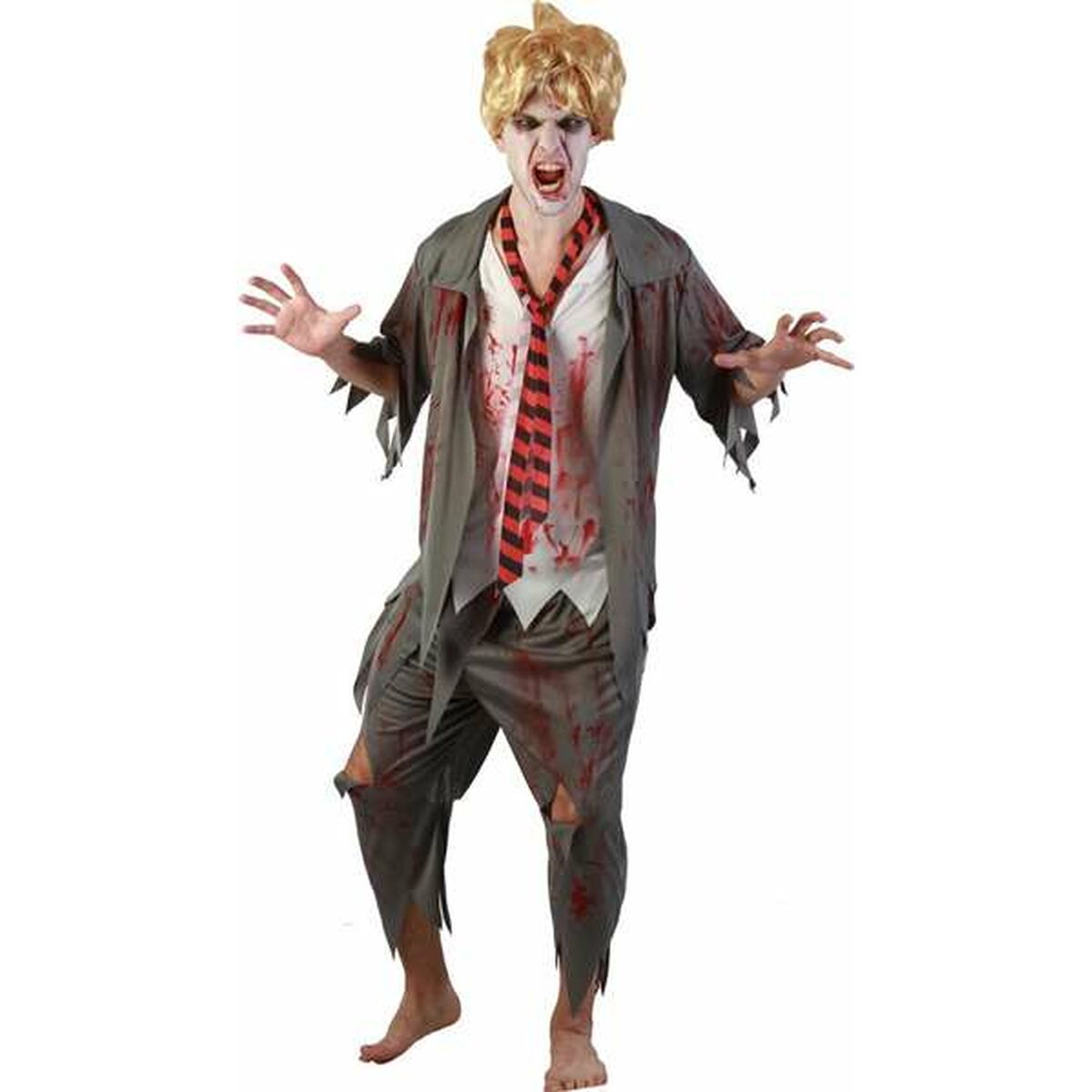 En man i en zombie-maskeraddräkt som ser ut som en skolpojke, med blodstänkta, trasiga byxor, en grå jacka, en vit skjorta med röd-svart randig slips, och en blond peruk.