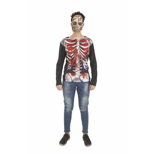 En person i en svart långärmad T-shirt med tryck av ett rött och vitt mänskligt skelett på bröstet, kombinerat med blå jeans och en skrämmande ansiktsmask.