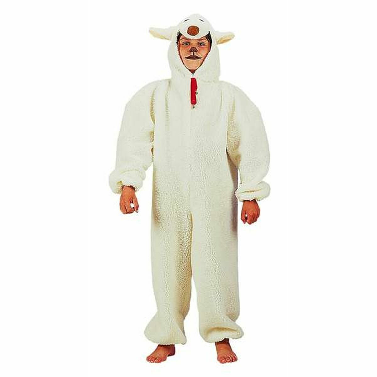 Ett barn iklädd en mjuk, vit maskeraddräkt som föreställer ett får, komplett med huva med fårans ansikte.