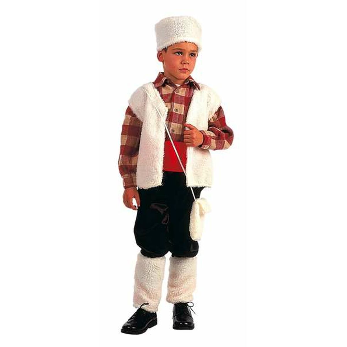 En pojke i en cowgirl-maskeraddräkt med rutig skjorta, vit väst, hatt och benvärmare.