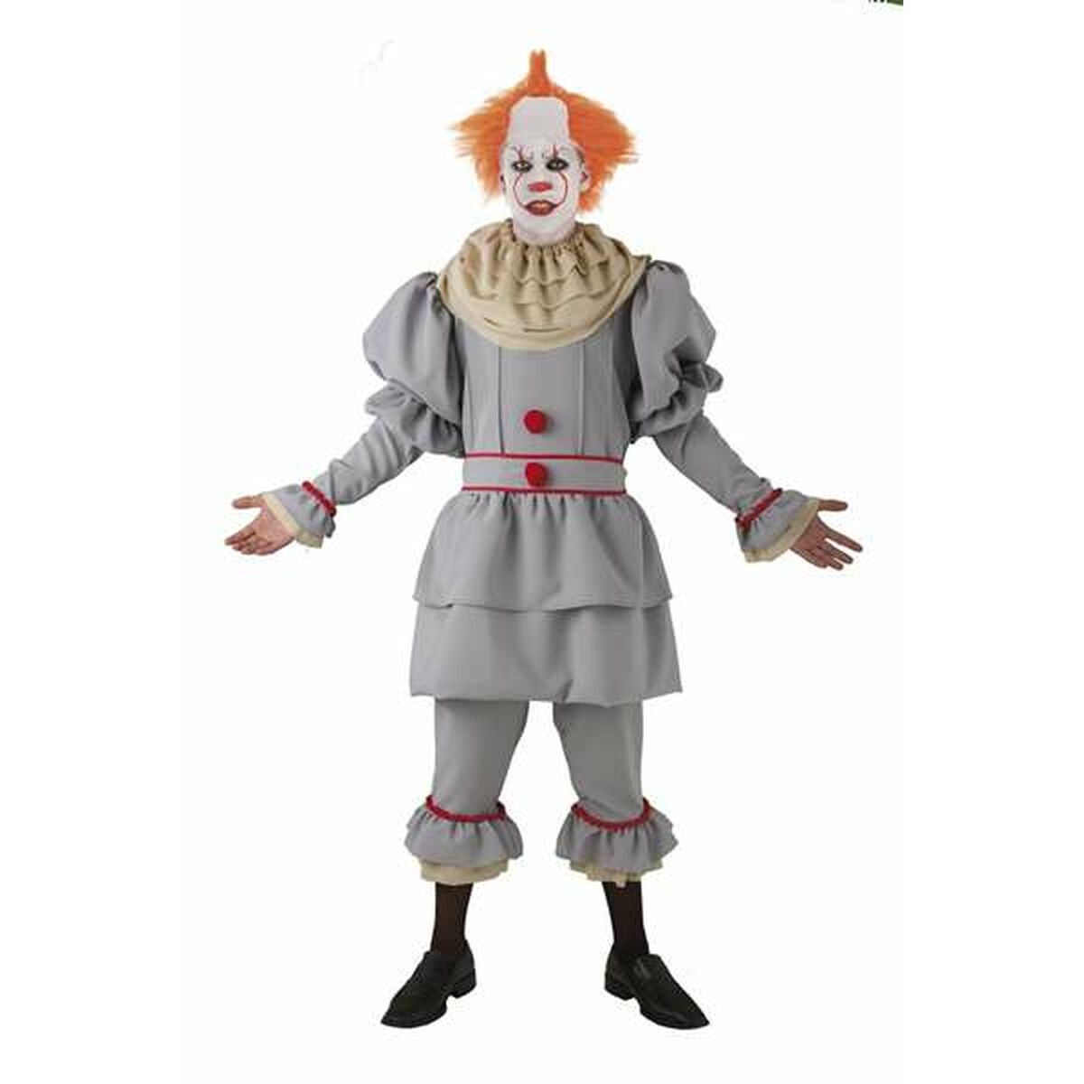 En person klädd i en hel maskeraddräkt som föreställer en olycksbådande clown i gråa och beige toner med orange peruk.
