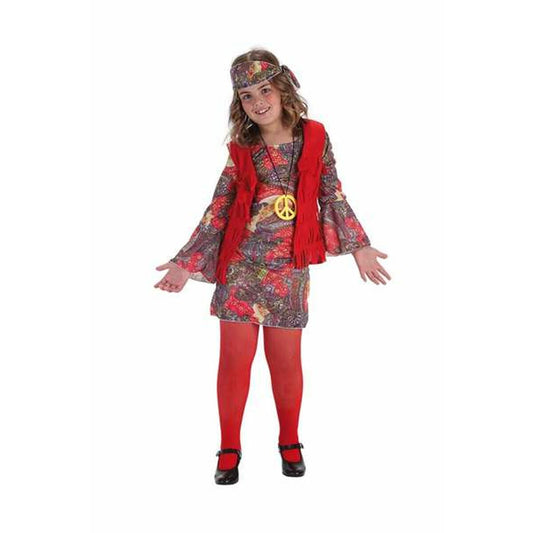 Ett glatt barn i en färgglad Ye-ye maskeraddräkt med långärmad mönstrad jumpsuit, röd väst med fransar och ett peace-halsband.