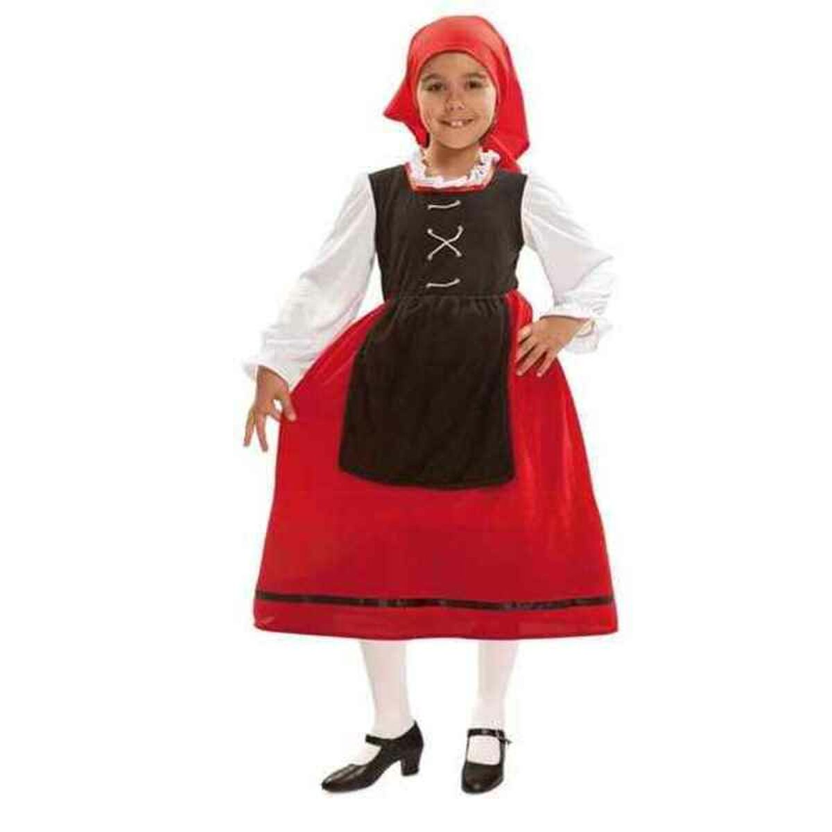 Ett barn i en traditionell röd klänning med svart förkläde och röd huvudduk.
