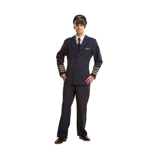 En man i en komplett pilotdräkt, inklusive byxor, jacka med guldränder, skjorta, slips och keps, står med händerna på höfterna.