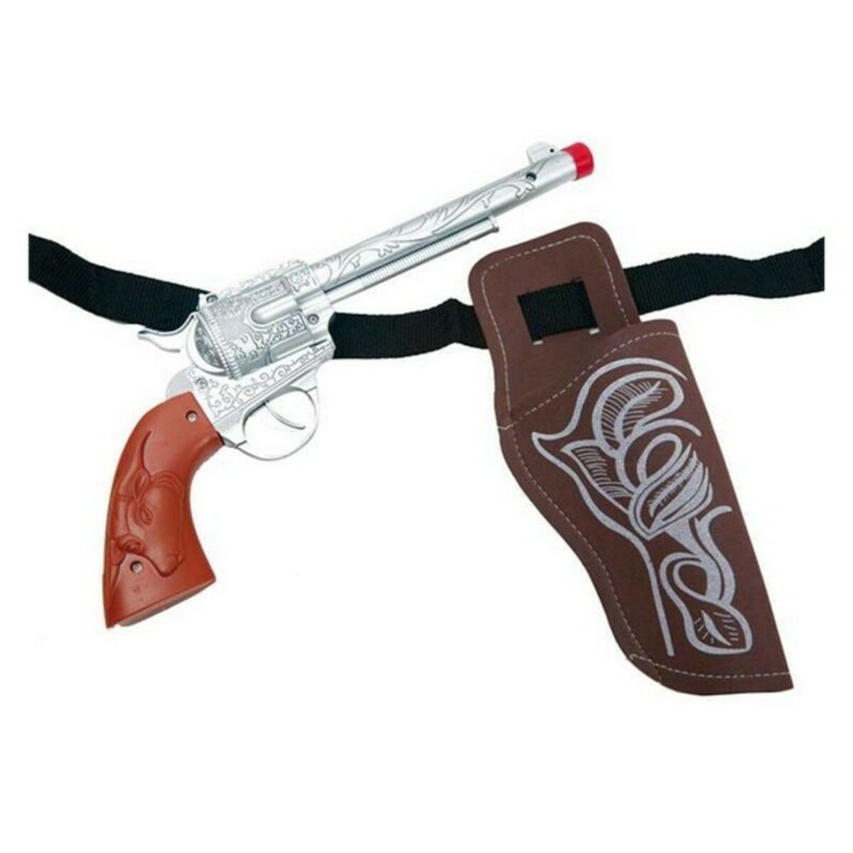 En leksaksrevolver i silver med brunt grepp och ett brunt hölster med vita mönster, fästa på ett svart band.